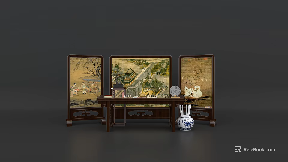 Traditional Chinese Screen With Landscape Art And Decorative Vase Photo Spot 3d model 