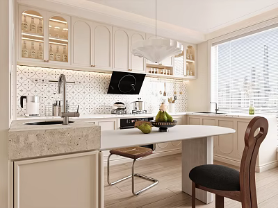 Modern Open Kitchen Interior With White Cabinets Island Counter And Pendant Light 3d model