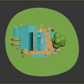 Fairy Tale Style Cottage Model With Blue Roof Orange Walls Green Tree And Small Furniture