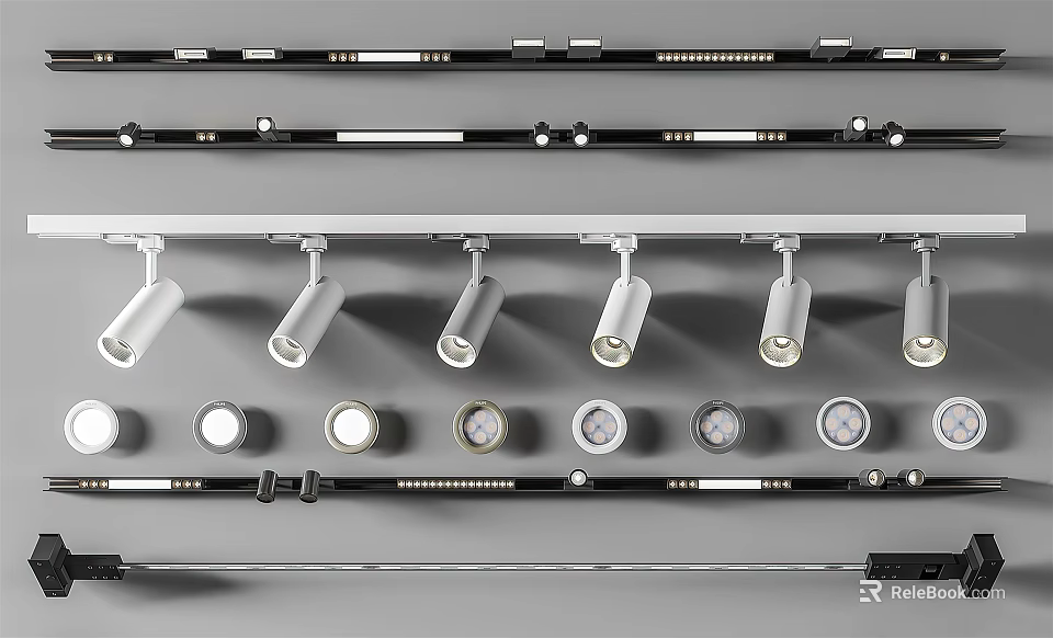 Modern Track Spotlights And Recessed Downlights Arranged In Display Rows Design 3d model 