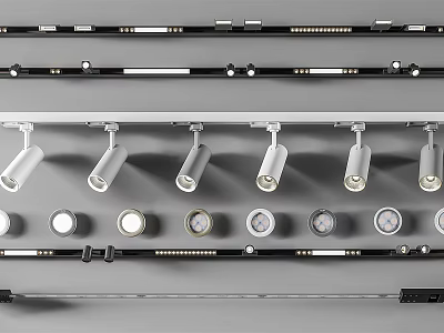 Modern Track Spotlights And Recessed Downlights Arranged In Display Rows Design 3d model