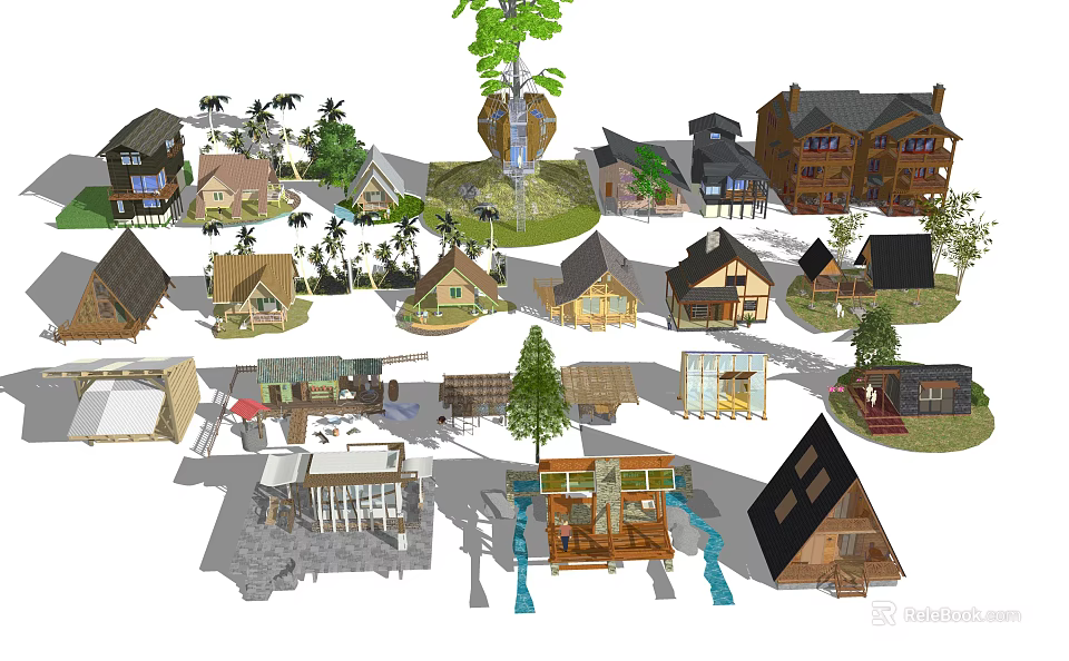 Various Wooden House Designs Featuring Different Roof Styles Surrounding Trees And Lawn Areas 3d model 