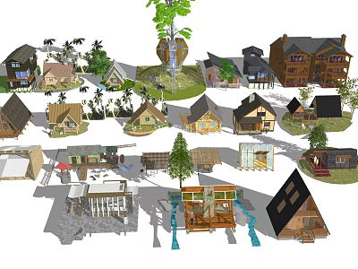 Various Wooden House Designs Featuring Different Roof Styles Surrounding Trees And Lawn Areas 3d model