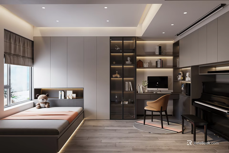 Tatami Bedroom Interior Design With Built in Bookshelf Desk Chair And Piano 3d model 