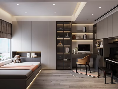Tatami Bedroom Interior Design With Built in Bookshelf Desk Chair And Piano 3d model