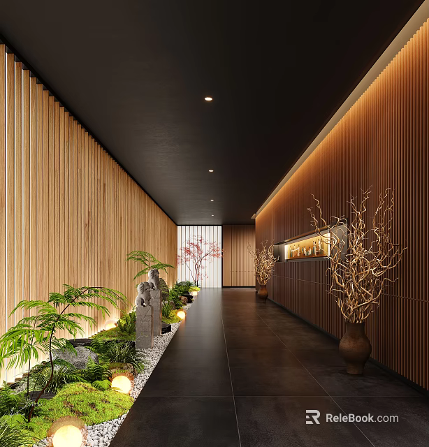 Elegant Hotel Corridor With Wooden Walls Black Ceiling Warm Lighting Green Plants And Stone Sculpture 3d model 