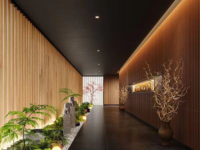 Elegant Hotel Corridor With Wooden Walls Black Ceiling Warm Lighting Green Plants And Stone Sculpture 3d model
