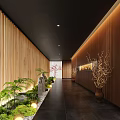 Elegant Hotel Corridor With Wooden Walls Black Ceiling Warm Lighting Green Plants And Stone Sculpture