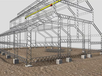Modern steel frame warehouse construction site 3d model
