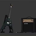 Electric Guitar on Stand with Amplifier and Cable for Musical Instrument Setup