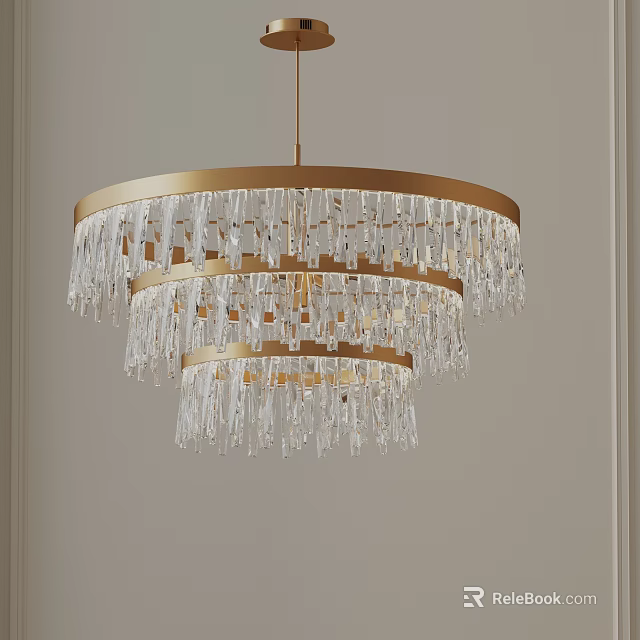 Elegant Three Tiered Modern Chandelier With Golden Frame And Crystal Pendants 3d model 