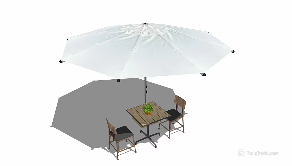 Outdoor Garden Table With White Umbrella Wooden Chairs And Small Potted Plant 3d model 