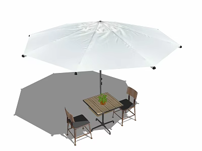 Outdoor Garden Table With White Umbrella Wooden Chairs And Small Potted Plant 3d model