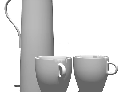 Two White Ceramic Cups With Matching Tall Kettle In Minimalist Design 3d model