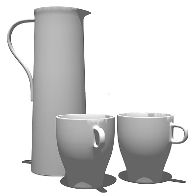 Two White Ceramic Cups With Matching Tall Kettle In Minimalist Design 3d model
