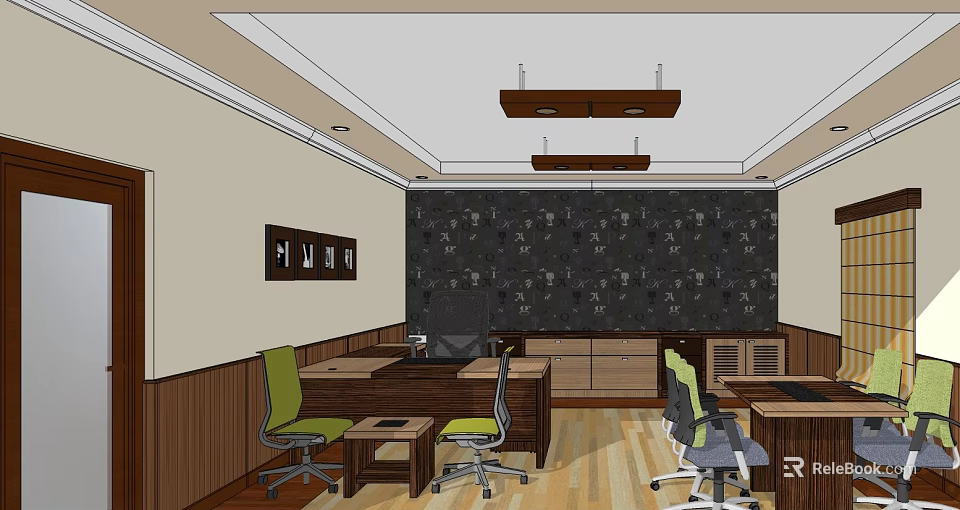 Modern Office Interior With Green Chairs Wooden Desks Dark Patterned Wall And Pendant Lights 3d model 
