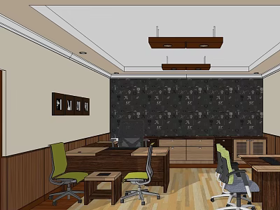Modern Office Interior With Green Chairs Wooden Desks Dark Patterned Wall And Pendant Lights 3d model