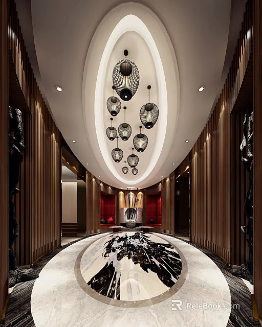 Luxurious Elevator Hallway Interior Design With Multiple Hanging Lamps Wooden Panel Walls And Patterned Floor 3d model 