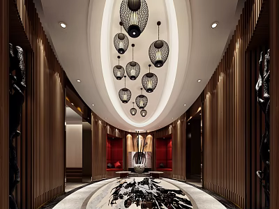 Luxurious Elevator Hallway Interior Design With Multiple Hanging Lamps Wooden Panel Walls And Patterned Floor 3d model