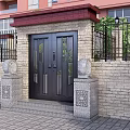 Black Double Door Entrance Gate With Stone Pillars Spherical Decorations Brick Wall And Red Building