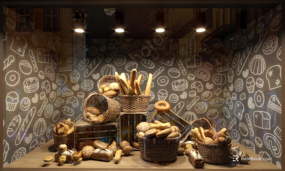 Bakery Window Display With Assorted Bread In Wicker Baskets And Hand Drawn Patterns 3d model