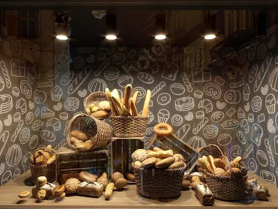 Bakery Window Display With Assorted Bread In Wicker Baskets And Hand Drawn Patterns 3d model