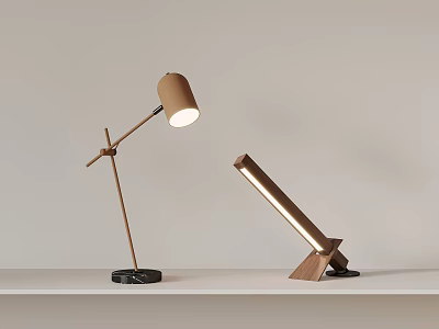 Modern Desk Lamps with Adjustable Bronze Arm Black Marble Base and Wooden LED Light 3d model
