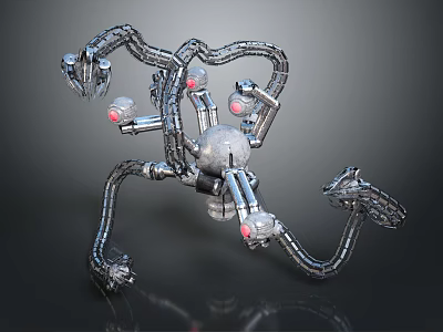Futuristic Mechanical Spider Creature With Metallic Legs And Red Eyes 3d model