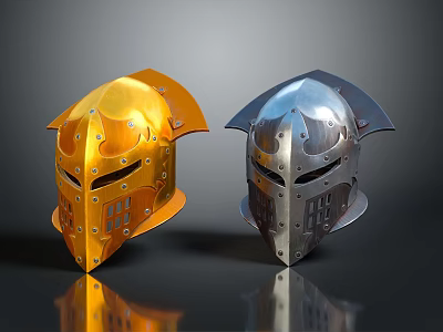 Medieval Knight Helmets In Gold And Silver With Intricate Metal Rivet Design 3d model