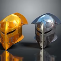Medieval Knight Helmets In Gold And Silver With Intricate Metal Rivet Design