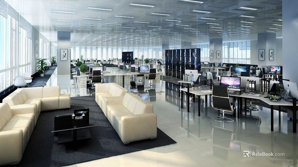 Modern Open Public Office Space With White Sofas Desks Computers Green Plants And Large Windows 3d model