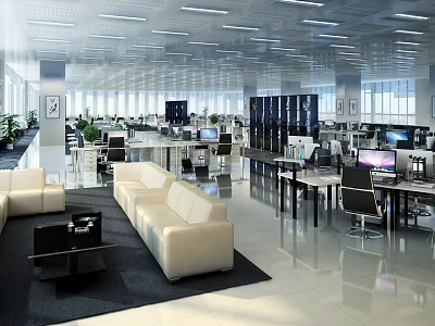 Modern Open Public Office Space With White Sofas Desks Computers Green Plants And Large Windows 3d model