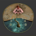 Red Haired Woman Sitting on Rocky Platform With Blue Water Green Snake and Transparent Bubbles
