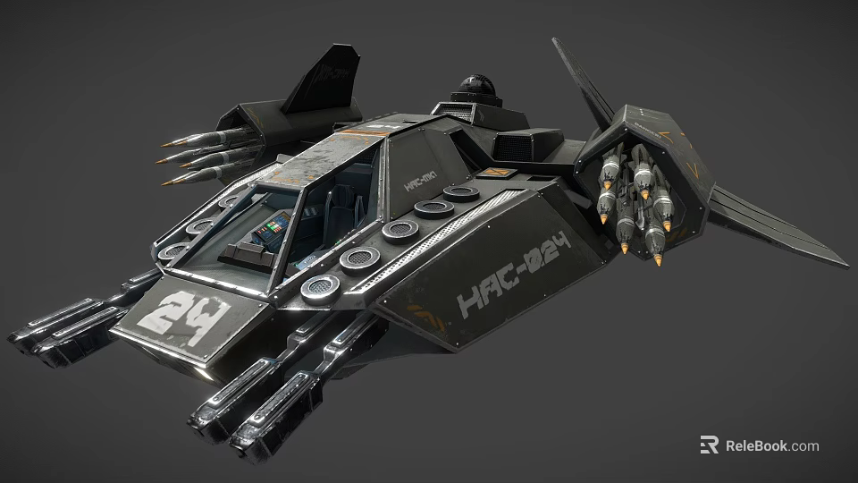 Black Fighter Spaceship With Number 24 HRC2421 Marking Missiles And Cannons 3d model 