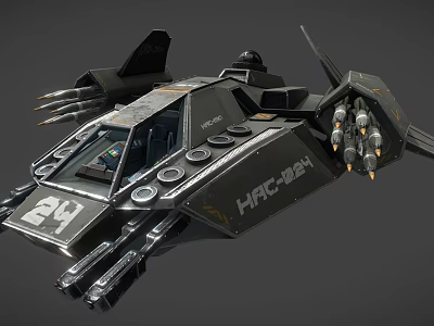 Black Fighter Spaceship With Number 24 HRC2421 Marking Missiles And Cannons 3d model