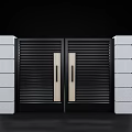 Modern Black Double Gates with Vertical Slats Golden Handles and White Stone Pillars