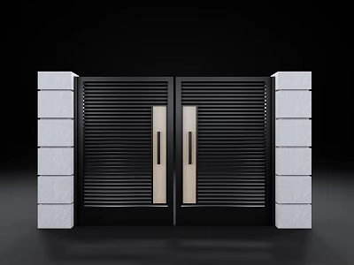 Modern Black Double Gates with Vertical Slats Golden Handles and White Stone Pillars 3d model