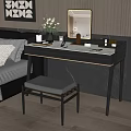Elegant Modern Vanity Table In Bedroom With Marble Top Mirror And Gray Stool