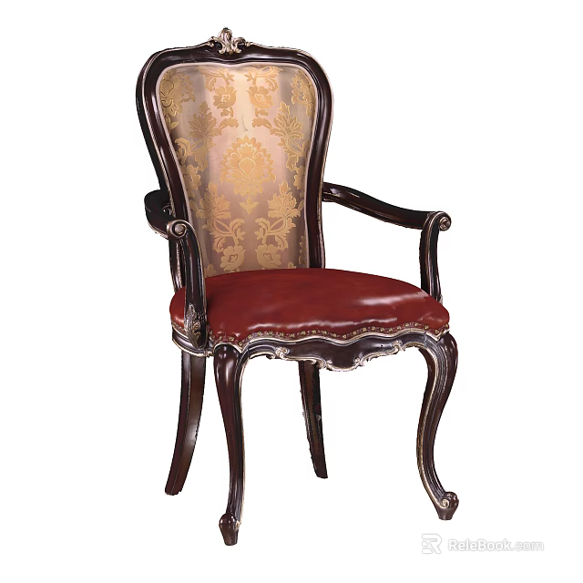 Elegant Classic Armchair With Carved Wooden Armrests Gold Patterned Backrest And Red Leather Seat 3d model 