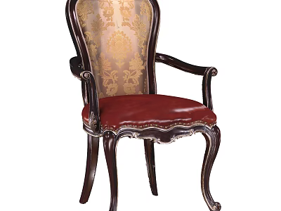 Elegant Classic Armchair With Carved Wooden Armrests Gold Patterned Backrest And Red Leather Seat 3d model