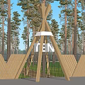 Rustic Wooden Entrance Gate in Forest with Tall Trees Triangular Top and Puddle Reflection 3d model
