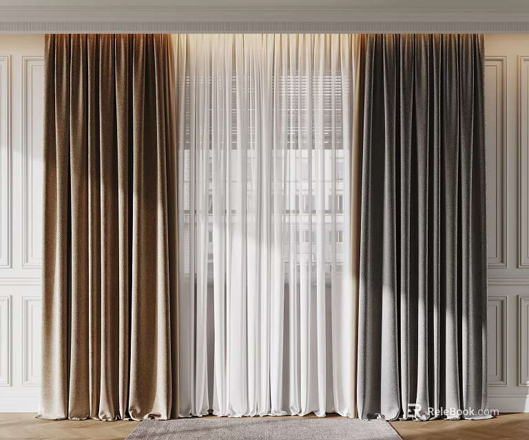 Brown Gray And White Curtains With Sheer Layer For Window In Home Interior 3d model