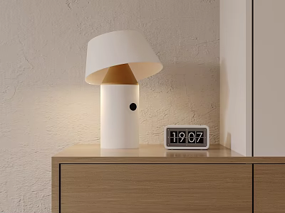 White Table Lamp With Minimalist Design White Lampshade And Small Black Accent On Wooden Cabinet 3d model