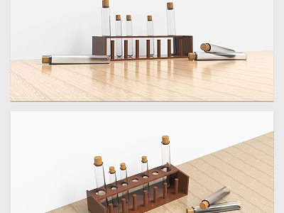 Medical Device Glass Tubes With Yellow Caps In Brown Rack On Wooden Table 3d model