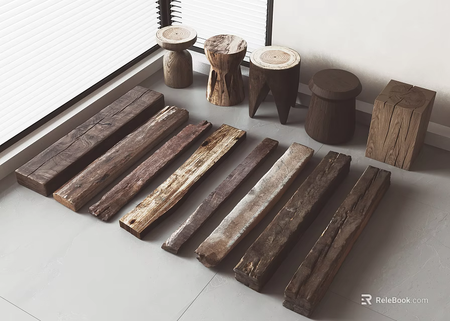 Natural Wooden Stools With Various Designs On Gray Tiled Indoor Floor 3d model 