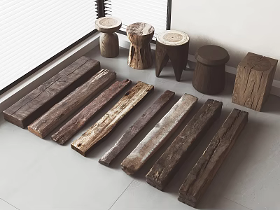 Natural Wooden Stools With Various Designs On Gray Tiled Indoor Floor 3d model