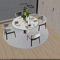 Elegant Round Dining Table Set with Light Colored Chairs Green Plants Vase Candles and Tableware 3d model