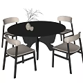 Round Black Dining Table Set With Four Chairs Light Seats Black Frames And Decorative Vase 3d model