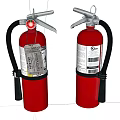 Red Portable Fire Extinguishers with Black Hoses and Safety Labels 3d model