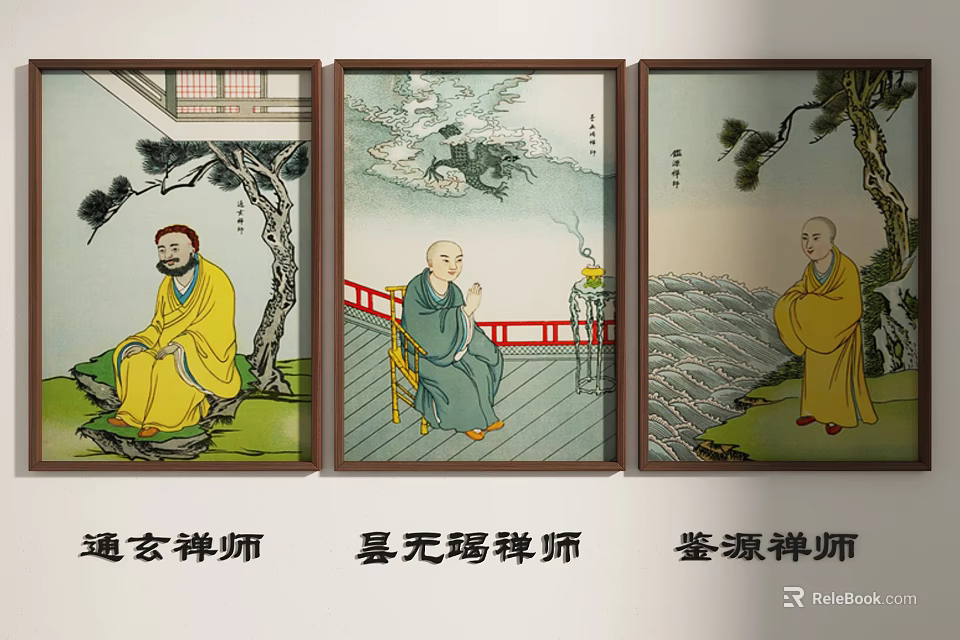 Traditional Chinese Portrait Paintings of Three Chan Masters with Classical Landscape Backgrounds 3d model 